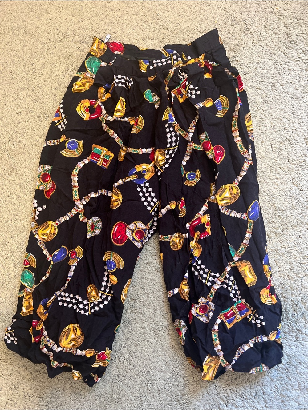 Vintage 80s HAMMER Black Jewel Gem Print Palazzo Pants 38